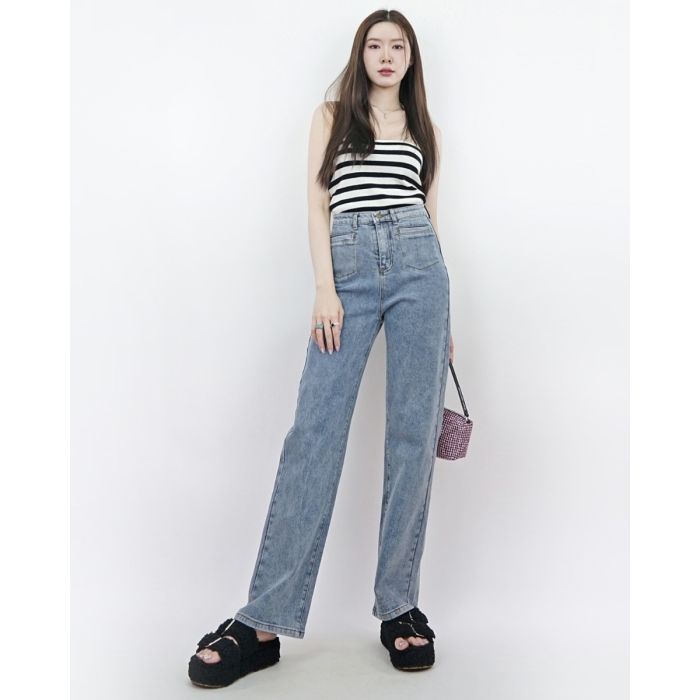 PATCH POCKET HIGHT WAIST DENIM PANTS-BLUE-L