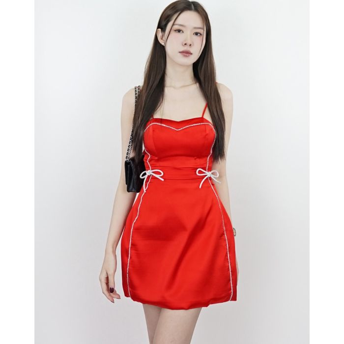 RUBY CRYSTAL BOW SATIN SINGLET DRESS-RED-XS