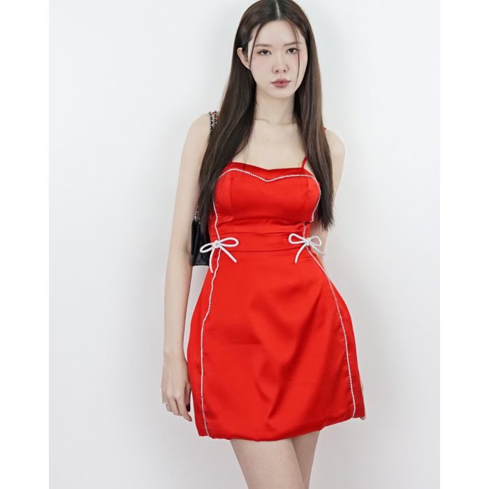 RUBY CRYSTAL BOW SATIN SINGLET DRESS-RED-S