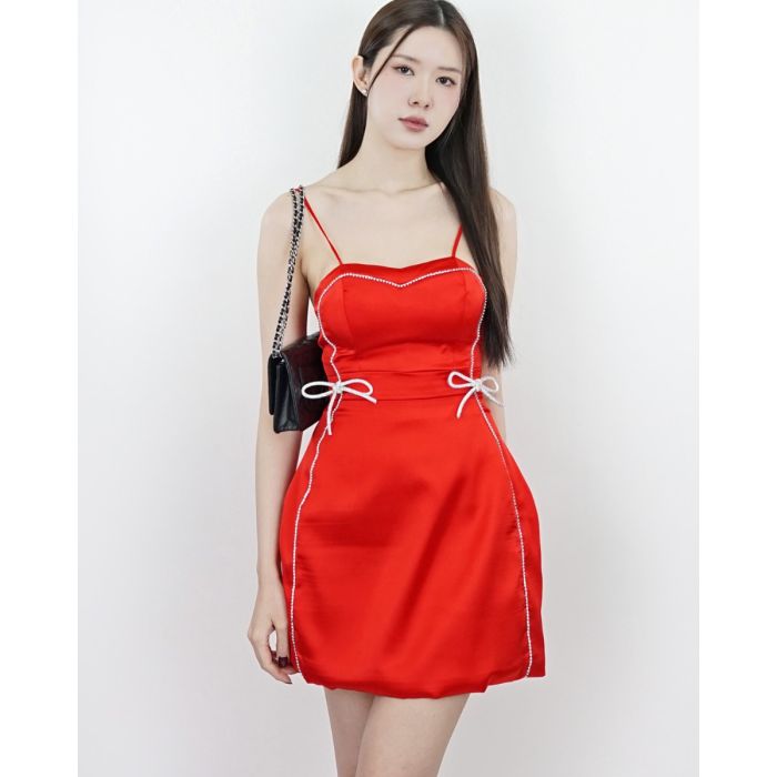 RUBY CRYSTAL BOW SATIN SINGLET DRESS-RED-L