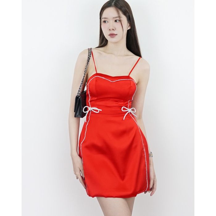 RUBY CRYSTAL BOW SATIN SINGLET DRESS-RED-M