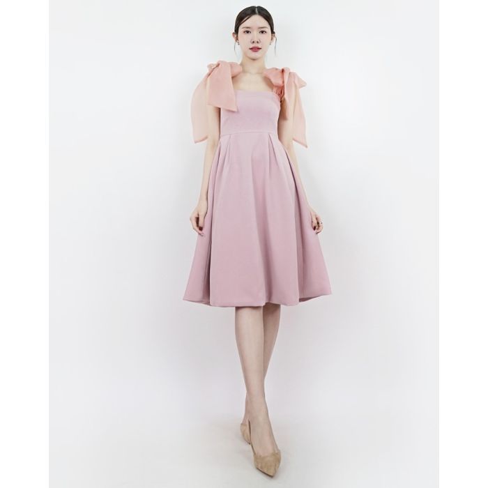 SYRAH ORGANDY BOW SHOULDER DRESS-PINK-S