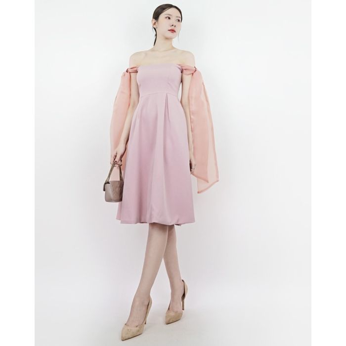 SYRAH ORGANDY BOW SHOULDER DRESS-PINK-M