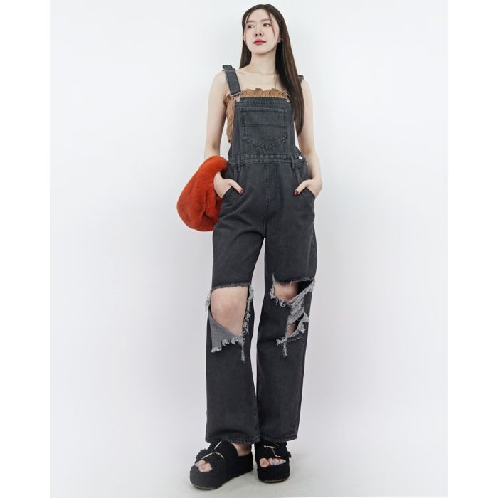 CHARCOAL RIPPED DENIM DUNGAREES