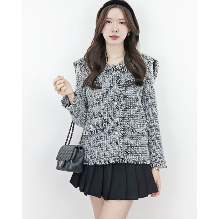 HELMI SAILOR COLLAR TWEED JACKET-BLACK