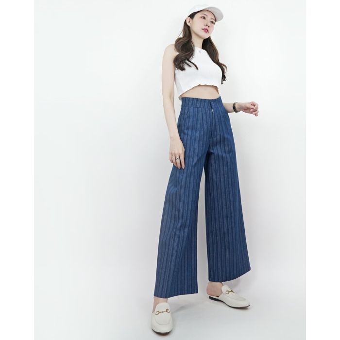 LE BLEU STRIPE FLARE DENIM PANTS-NAVY-M