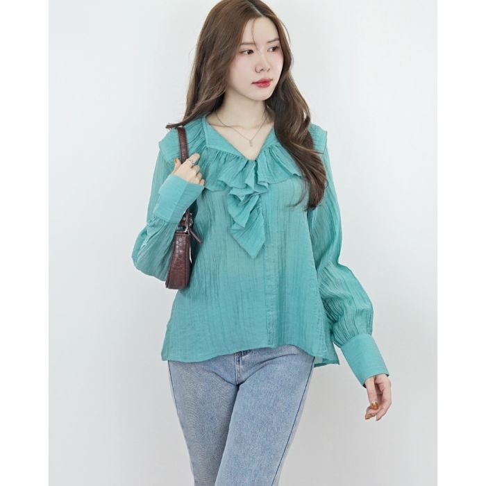 CLOUD RUFFLE CHIFFON BLOUSE-TEAL