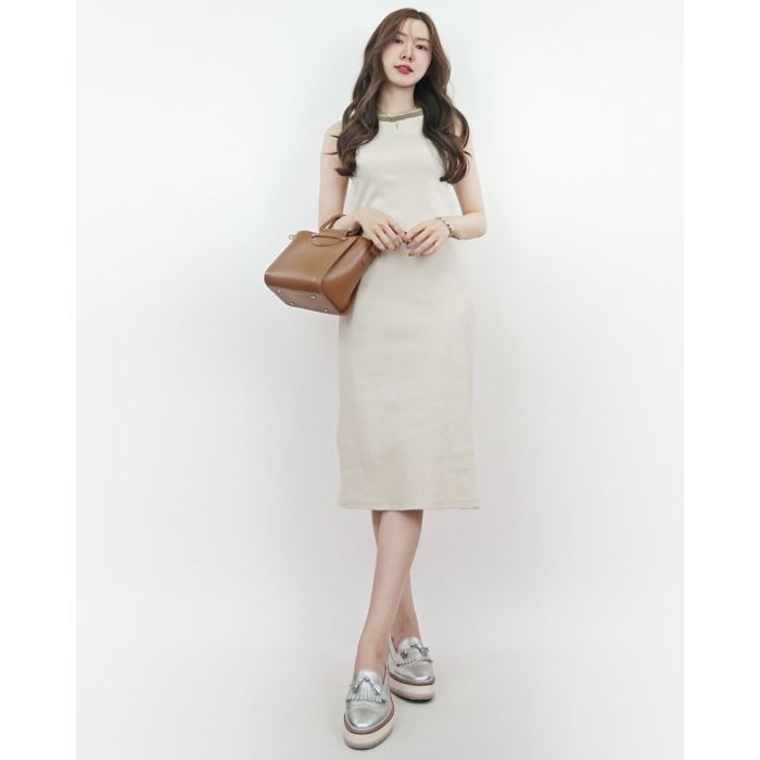 GRAN VIA RIBBED SLEEVELESS DRESS-BEIGE