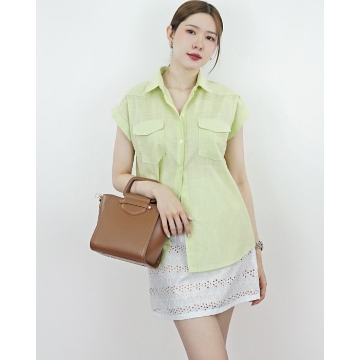 GEMMA LINEN CAP SLEEVE SHIRT-CUCUMBER