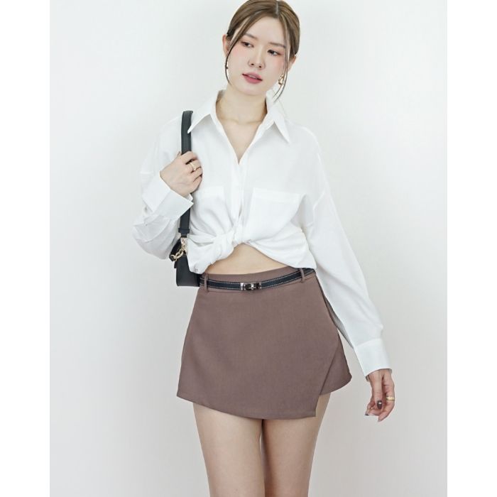 PETITE BELTED WRAP SHORTS-CHOCOLATE