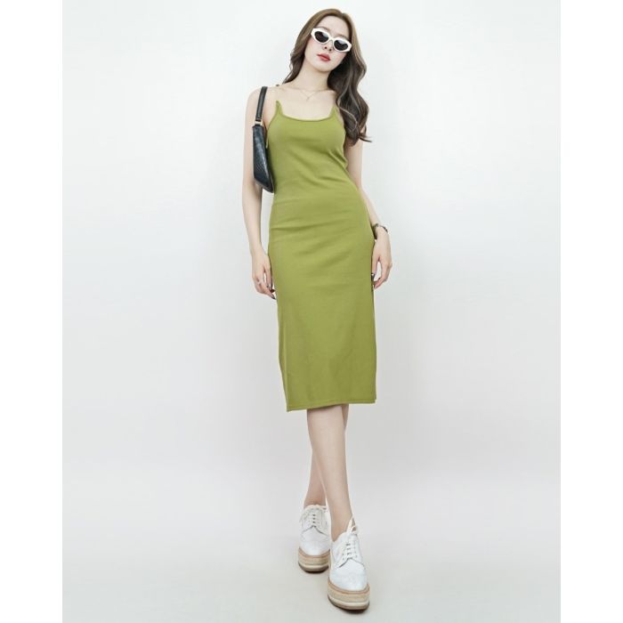 ROCHELLE RIBBED CLEAR STRAP BODYCON DRESS-MATCHA