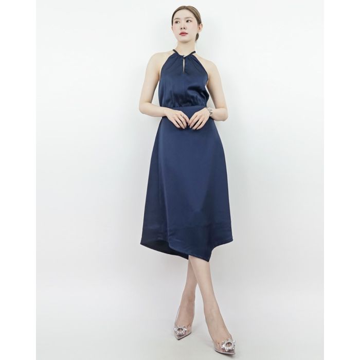 CLASSIC DIAMOND TIE WAIST SATIN DRESS-NAVY-S