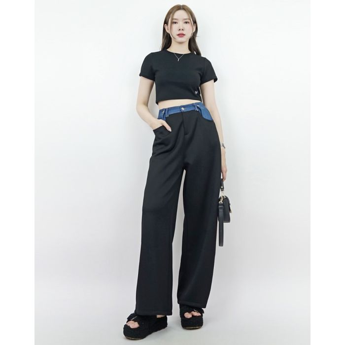 SUNNY DENIM FOLDED WARM PANTS-BLACK