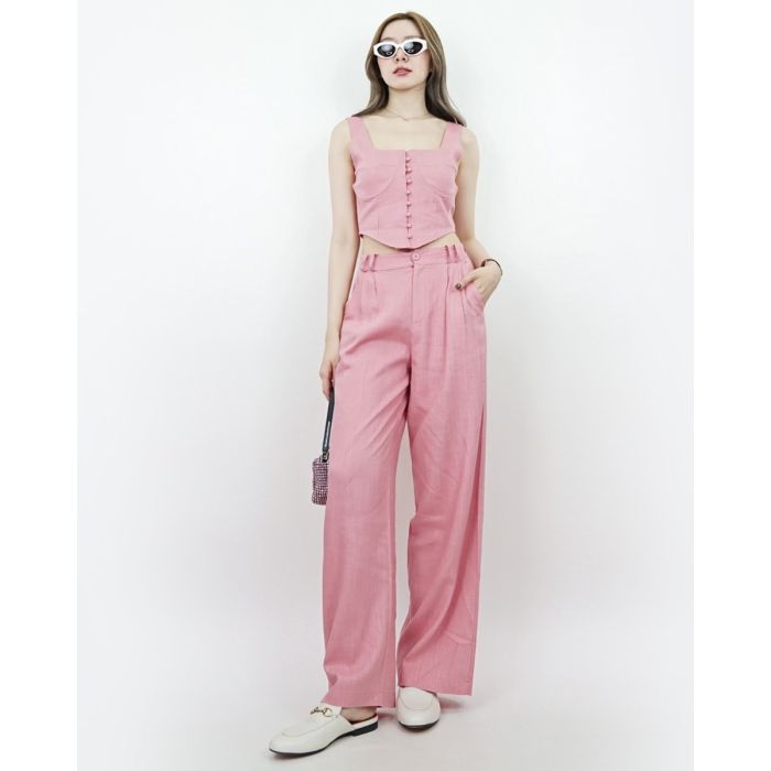 SUNDAY BRUNCH LINEN TOP & PANTS SET-PINK