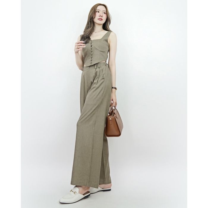 SUNDAY BRUNCH LINEN TOP & PANTS SET-OLIVE