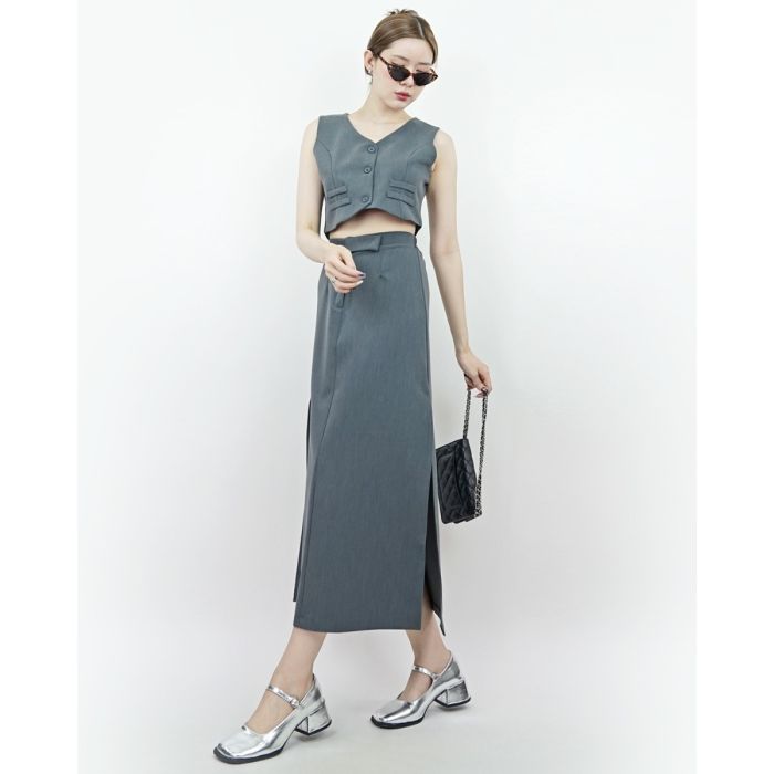 SHISO VEST TOP & SPLIT SKIRT SET-CHARCOAL