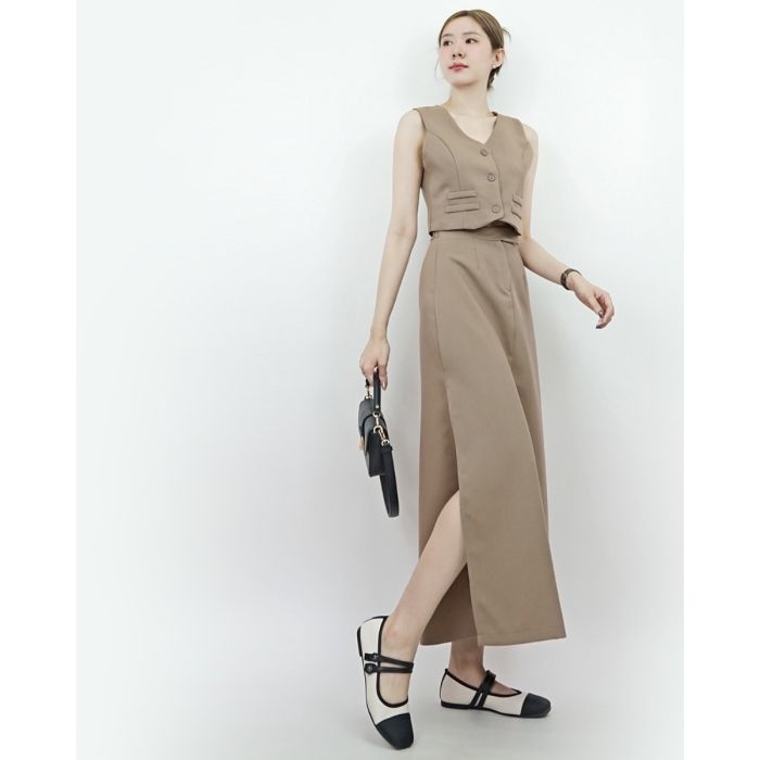 SHISO VEST TOP & SPLIT SKIRT SET-TAUPE