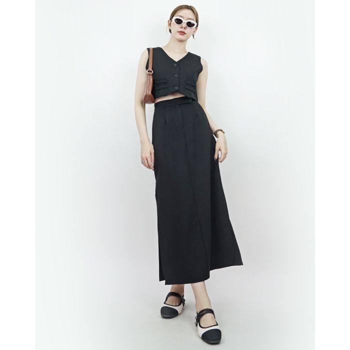 SHISO VEST TOP & SPLIT SKIRT SET-BLACK