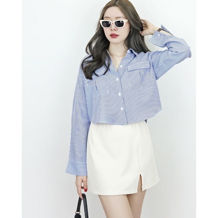 SOFT STRIPE POCKET OVERSIZED SHIRT-BLUE