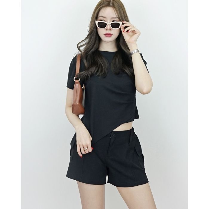 DIJON WAFFLE DRAPED TOP & SHORT SET-BLACK