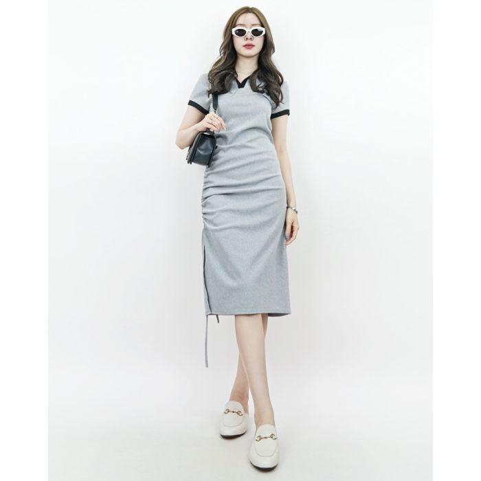 FEMME POLO PIQUE DRAWSTRING DRESS-GREY