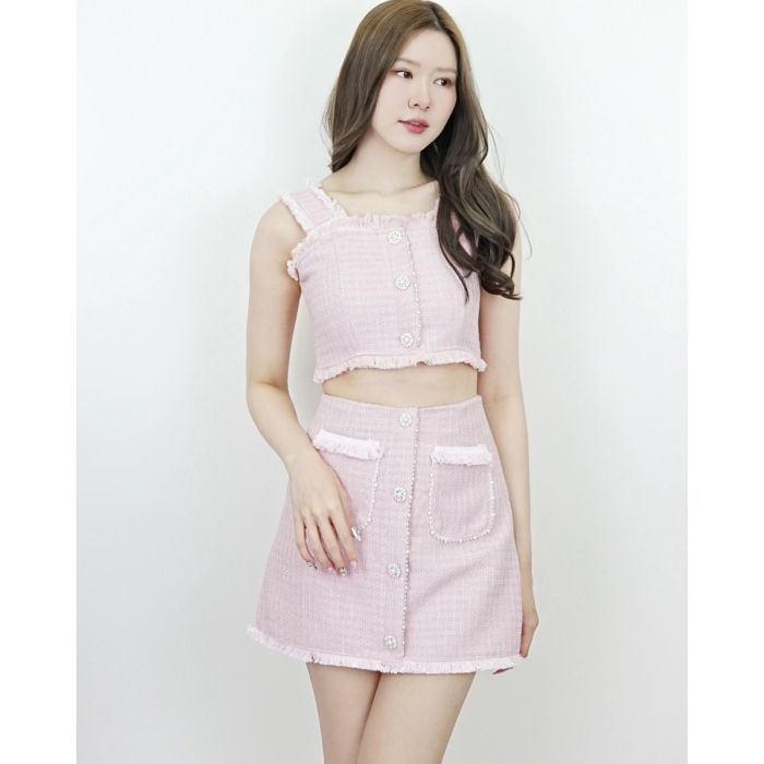 MILLE TWEED CROP TOP & SKIRT SET-PINK-S