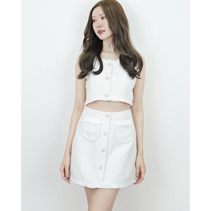 MILLE TWEED CROP TOP & SKIRT SET-CREAM-S