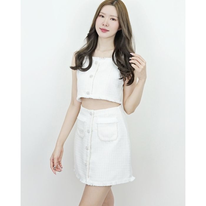 MILLE TWEED CROP TOP & SKIRT SET-CREAM-L