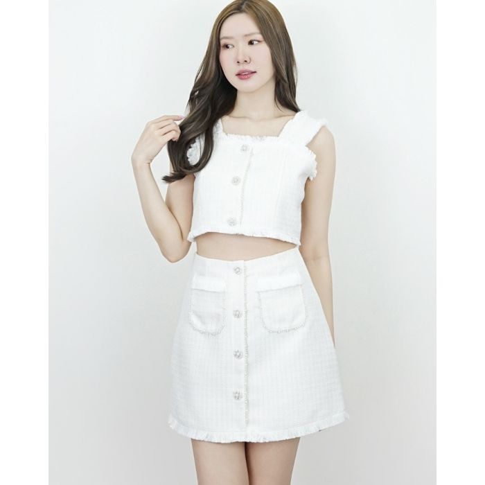 MILLE TWEED CROP TOP & SKIRT SET-CREAM-M