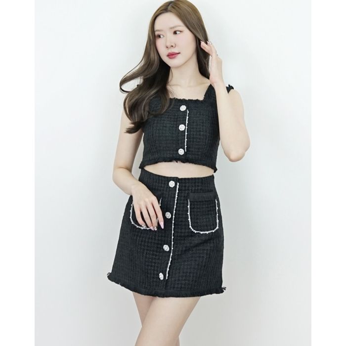 MILLE TWEED CROP TOP & SKIRT SET-BLACK-S