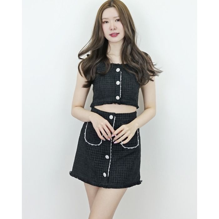 MILLE TWEED CROP TOP & SKIRT SET-BLACK-M