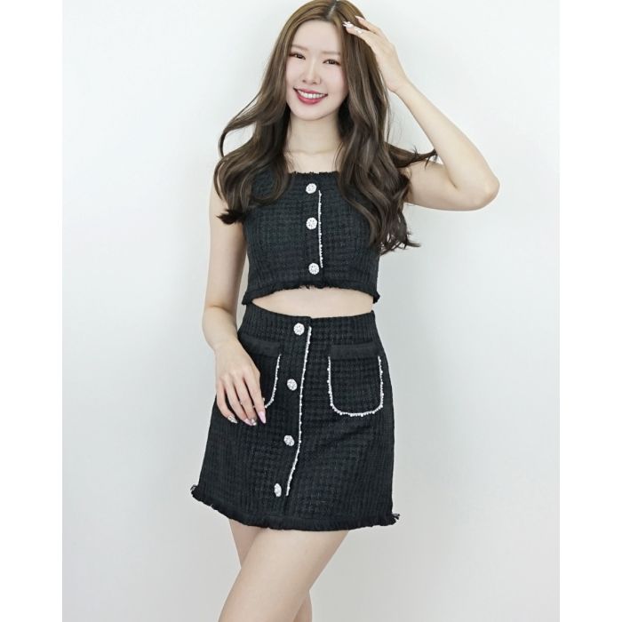 MILLE TWEED CROP TOP & SKIRT SET-BLACK-L