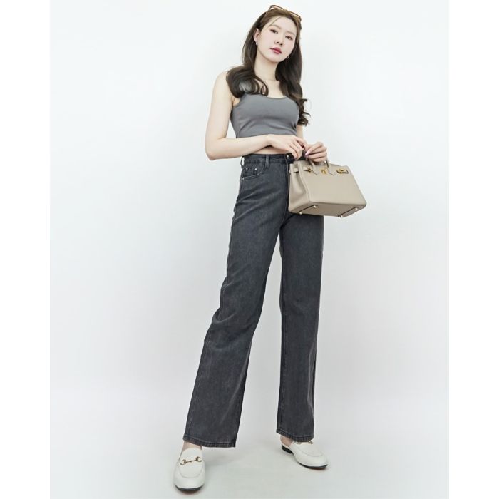 CELIA FULL-LENGTH DENIM PANTS-CHARCOAL-XS