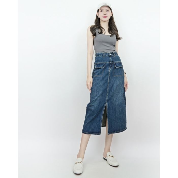 ARTISAN DENIM MIDI SKIRT-NAVY-M