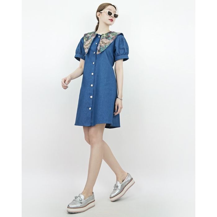 VINTAGE ROSE COLLAR DENIM DRESS-NAVY