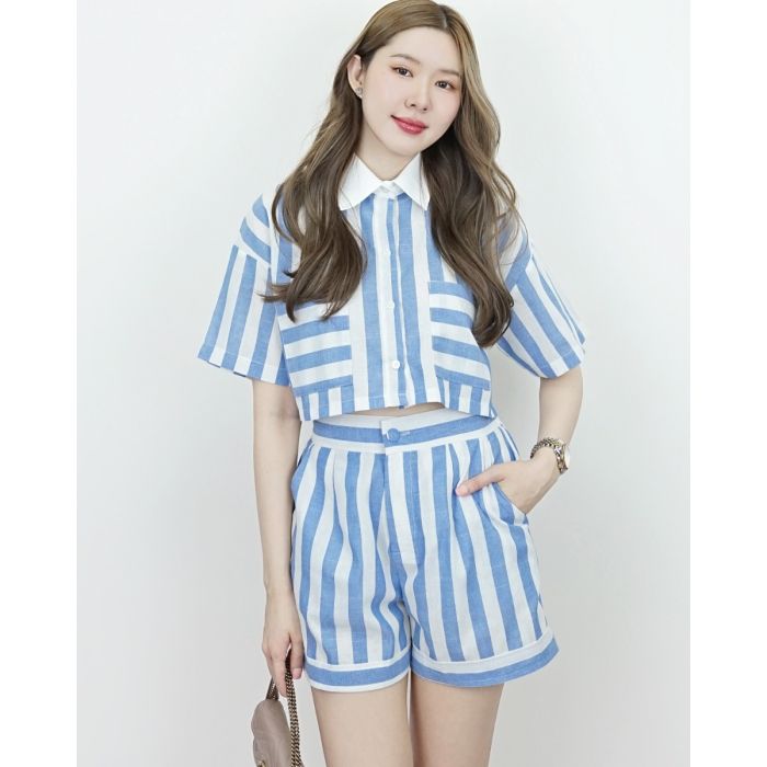 FRIDAY STRIPE CROP SHIRT & SHORTS SET-BLUE