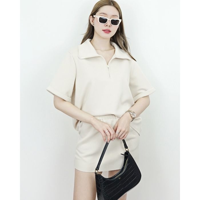 AVENUE ZIPPER OVERSIZED BLOUSE & SKIRT SET-BEIGE