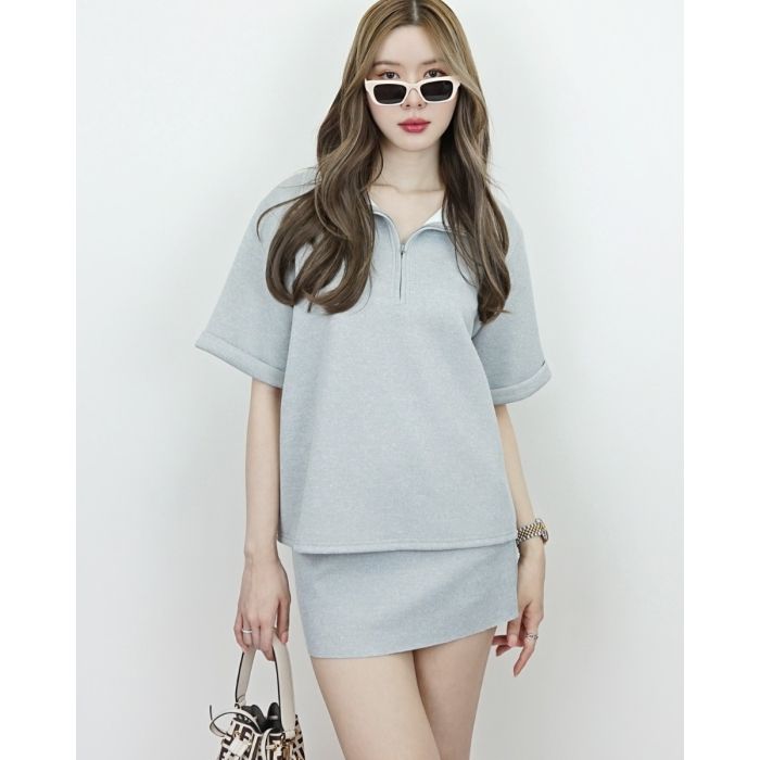 AVENUE ZIPPER OVERSIZED BLOUSE & SKIRT SET-GREY