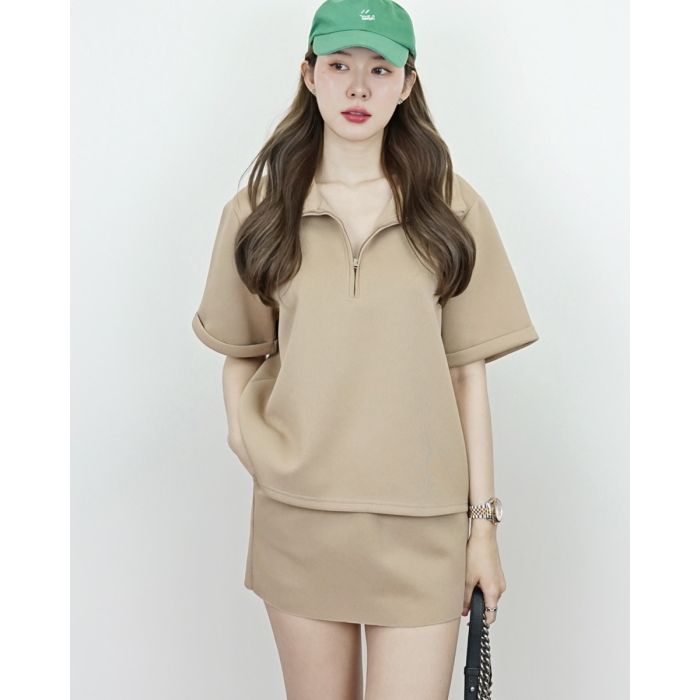 AVENUE ZIPPER OVERSIZED BLOUSE & SKIRT SET-TAUPE