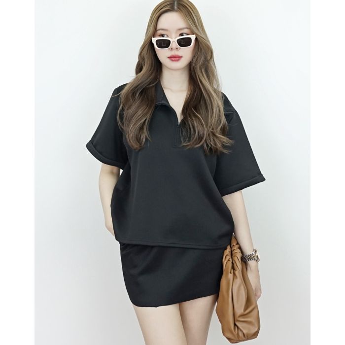 AVENUE ZIPPER OVERSIZED BLOUSE & SKIRT SET-BLACK