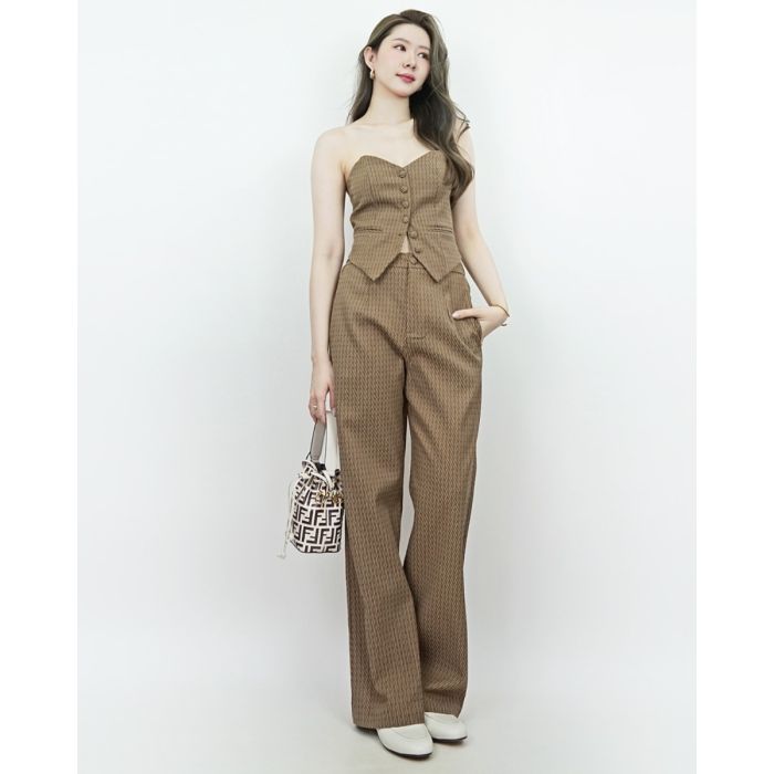 STRIPE BROCADE TOP & PANTS SET-BROWN