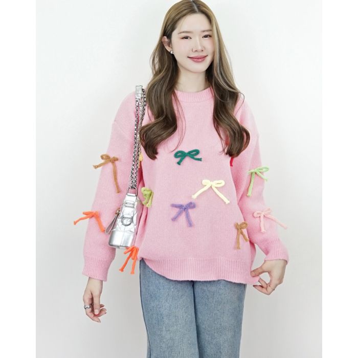 MULTICOLOUR BOW KNIT OVERSIZED SWEATER-PINK