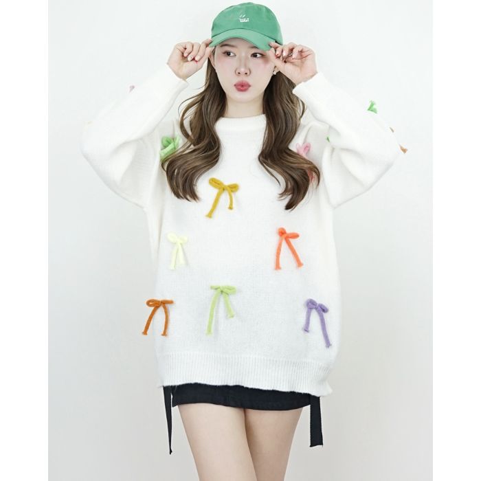 MULTICOLOUR BOW KNIT OVERSIZED SWEATER-CREAM