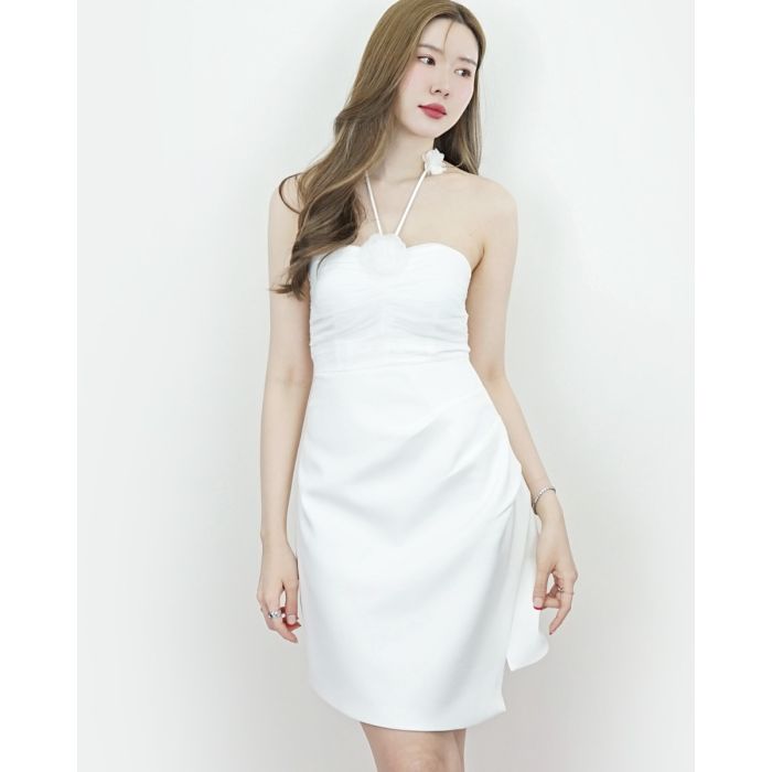 FLOWER DRAPED TUBE DRESS-WHITE-XS