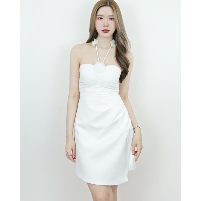 FLOWER DRAPED TUBE DRESS-WHITE-S