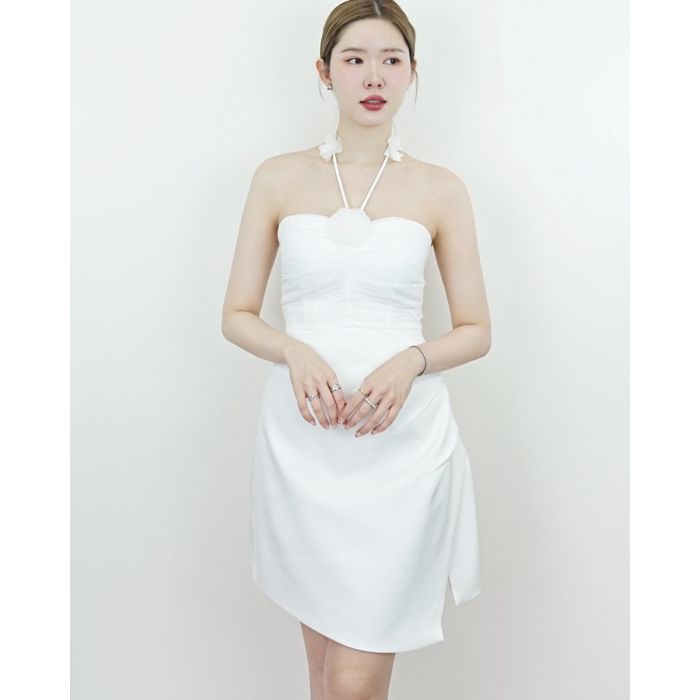 FLOWER DRAPED TUBE DRESS-WHITE-M