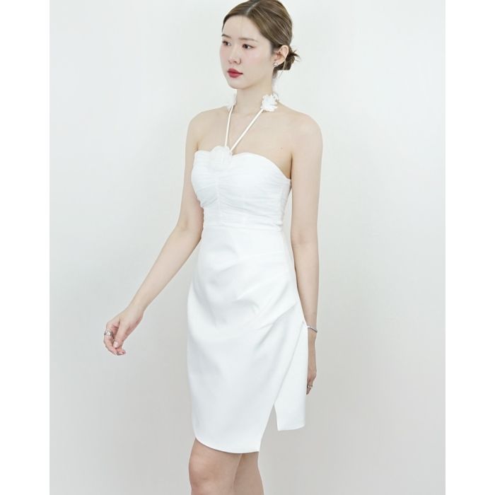 FLOWER DRAPED TUBE DRESS-WHITE-L