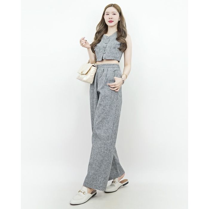 FONDUE TWEED SLEEVELESS TOP & PANTS SET-GREY