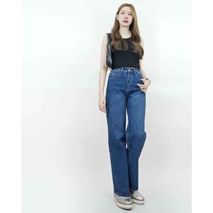 HARMONY ELASTICATED BACK DENIM PANTS-NAVY-L