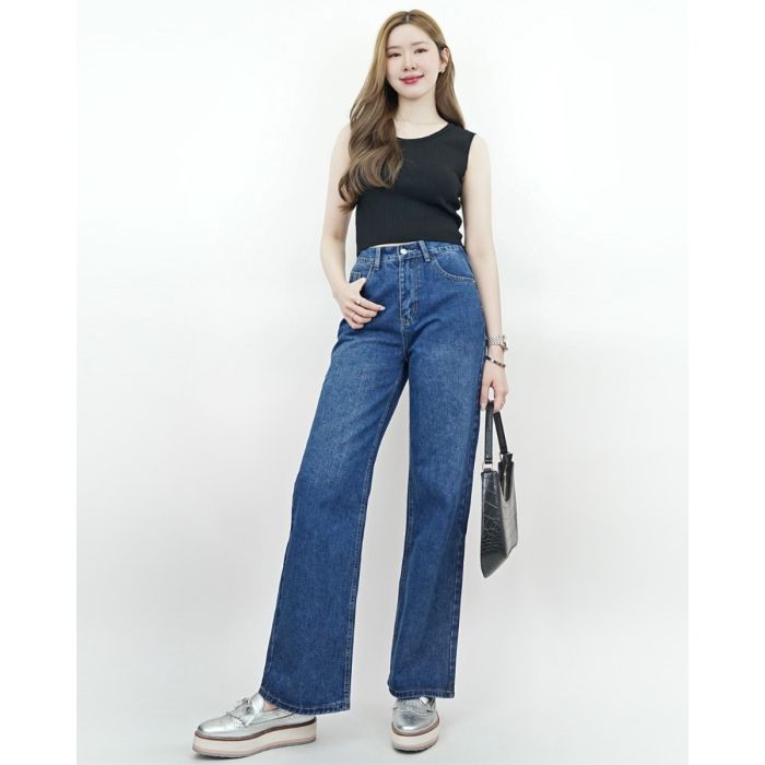 HARMONY ELASTICATED BACK DENIM PANTS-NAVY-M